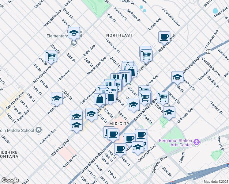 map of restaurants, bars, coffee shops, grocery stores, and more near 1133 24th Street in Santa Monica