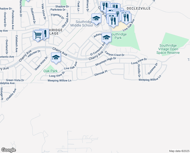 map of restaurants, bars, coffee shops, grocery stores, and more near 14475 Glenoak Place in Fontana