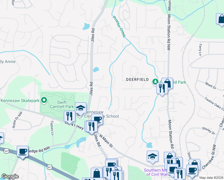 map of restaurants, bars, coffee shops, grocery stores, and more near 3603 Anna Lane in Kennesaw
