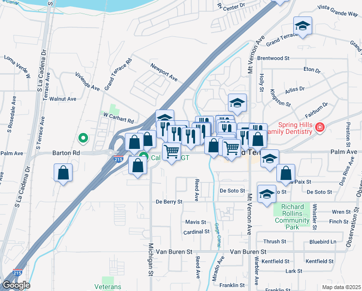 map of restaurants, bars, coffee shops, grocery stores, and more near 22220 Barton Road in Grand Terrace