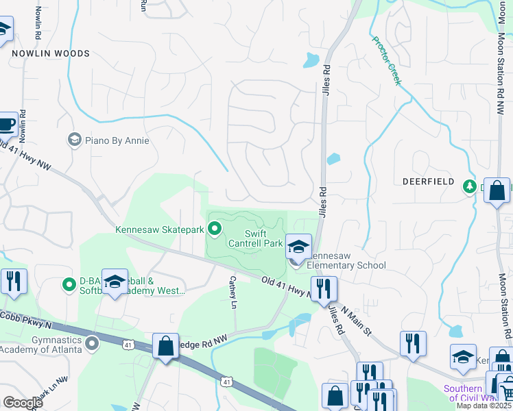 map of restaurants, bars, coffee shops, grocery stores, and more near 3434 English Oaks Drive Northwest in Kennesaw