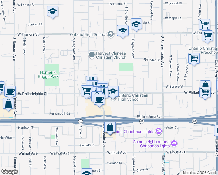 map of restaurants, bars, coffee shops, grocery stores, and more near 2121 South Palmetto Avenue in Ontario