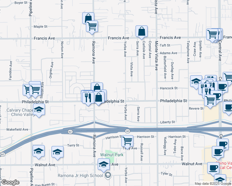 map of restaurants, bars, coffee shops, grocery stores, and more near 12012 Yorba Avenue in Chino