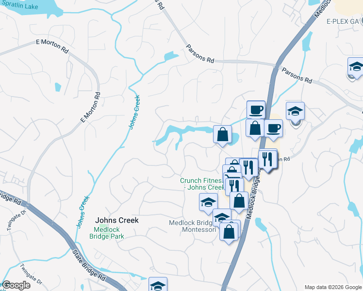 map of restaurants, bars, coffee shops, grocery stores, and more near 570 Lake Medlock Drive in Alpharetta