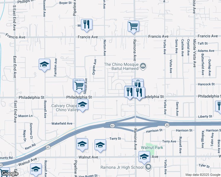 map of restaurants, bars, coffee shops, grocery stores, and more near 4400 Philadelphia Street in Chino