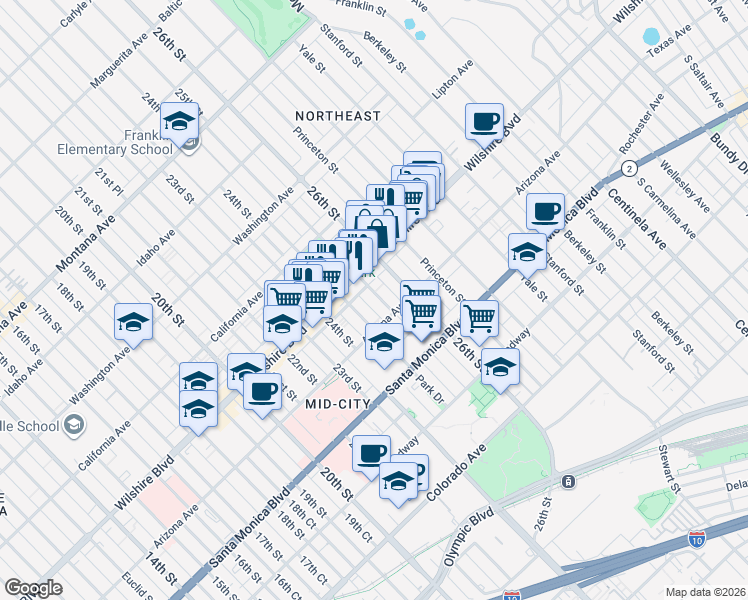 map of restaurants, bars, coffee shops, grocery stores, and more near 1221 25th Street in Santa Monica
