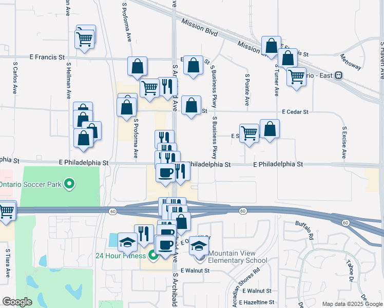 map of restaurants, bars, coffee shops, grocery stores, and more near 3983 East Carmel Privado in Ontario