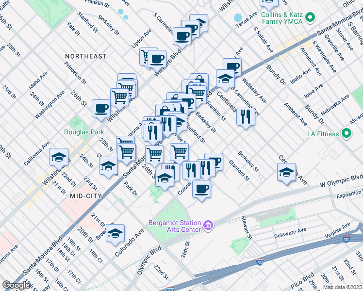 map of restaurants, bars, coffee shops, grocery stores, and more near 1444 Yale Street in Santa Monica