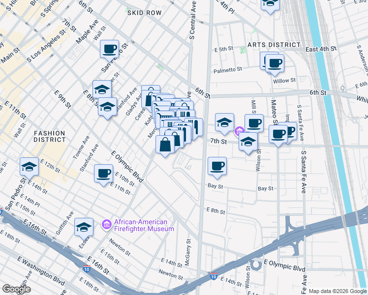 map of restaurants, bars, coffee shops, grocery stores, and more near 757 South Alameda Street in Los Angeles