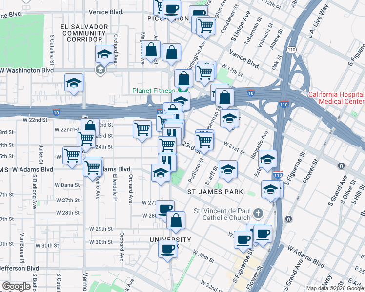 map of restaurants, bars, coffee shops, grocery stores, and more near 1039 West 23rd Street in Los Angeles