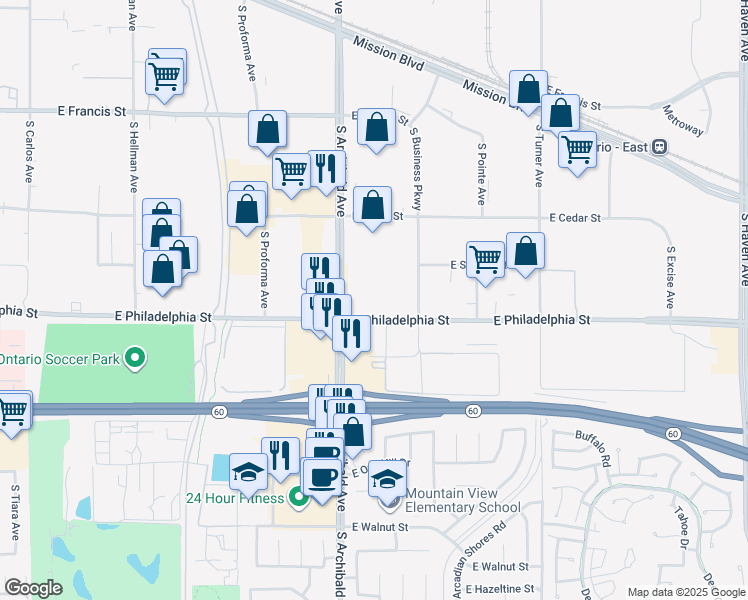 map of restaurants, bars, coffee shops, grocery stores, and more near 4264 South Hermosa Paseo in Ontario