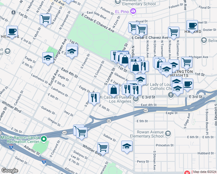 map of restaurants, bars, coffee shops, grocery stores, and more near 3412 East 3rd Street in Los Angeles