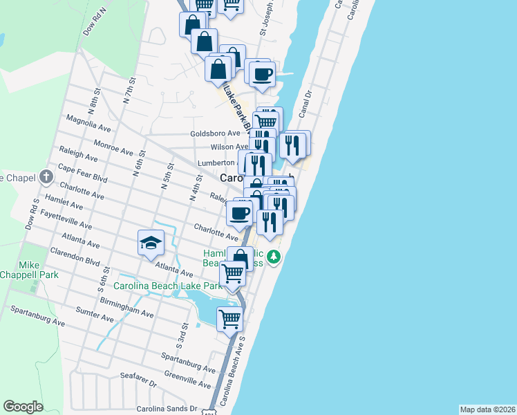 map of restaurants, bars, coffee shops, grocery stores, and more near in Carolina Beach