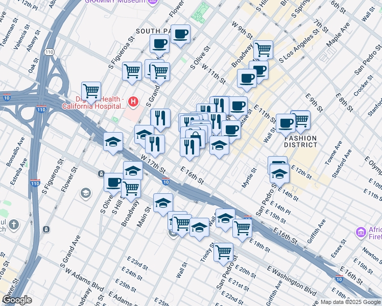 map of restaurants, bars, coffee shops, grocery stores, and more near 1410 South Main Street in Los Angeles