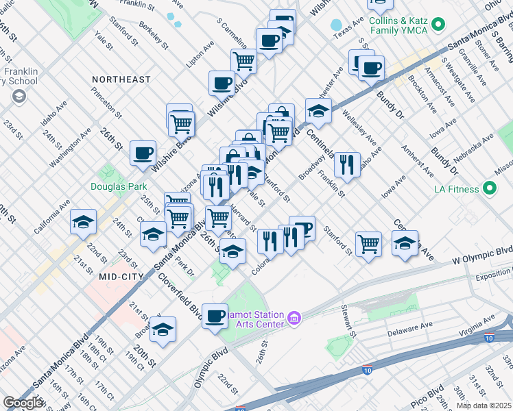 map of restaurants, bars, coffee shops, grocery stores, and more near 1444 Yale Street in Santa Monica