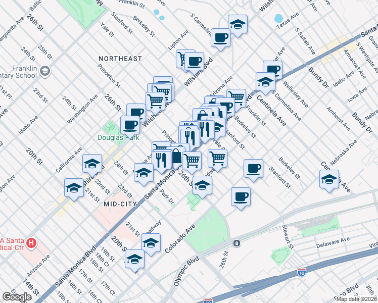 map of restaurants, bars, coffee shops, grocery stores, and more near 2715 Santa Monica Boulevard in Santa Monica