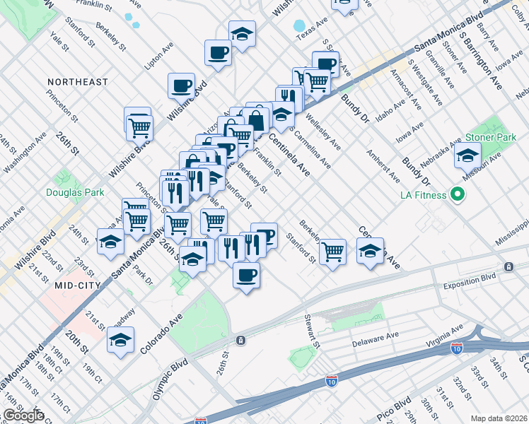 map of restaurants, bars, coffee shops, grocery stores, and more near 1537 Stanford Street in Santa Monica