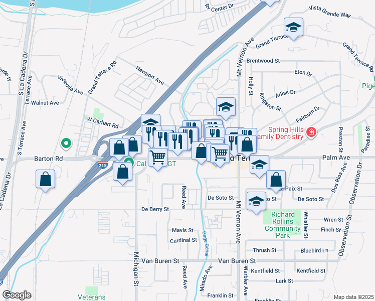 map of restaurants, bars, coffee shops, grocery stores, and more near 22300 Barton Road in Grand Terrace