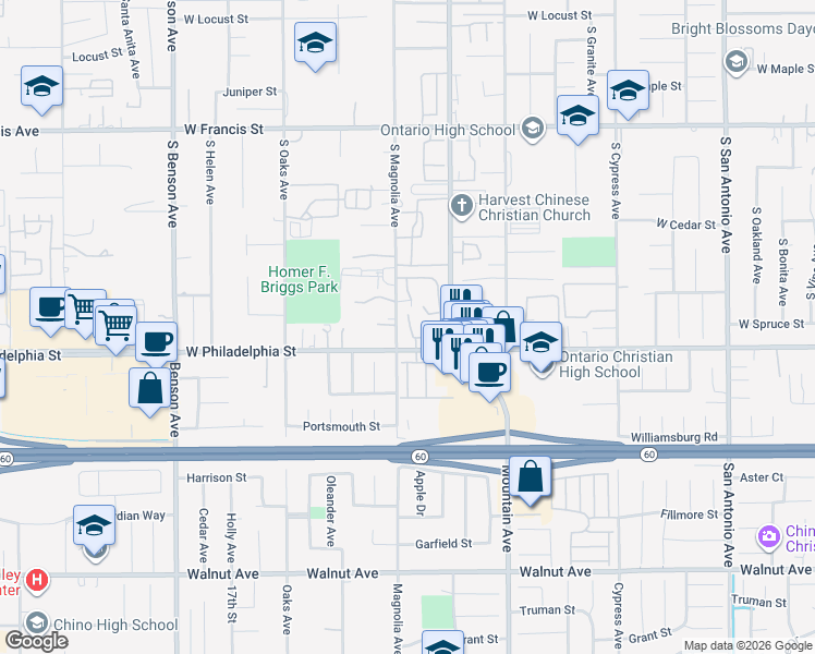 map of restaurants, bars, coffee shops, grocery stores, and more near 2133 South Magnolia Avenue in Ontario