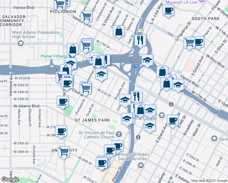 map of restaurants, bars, coffee shops, grocery stores, and more near 1964 Park Grove Avenue in Los Angeles