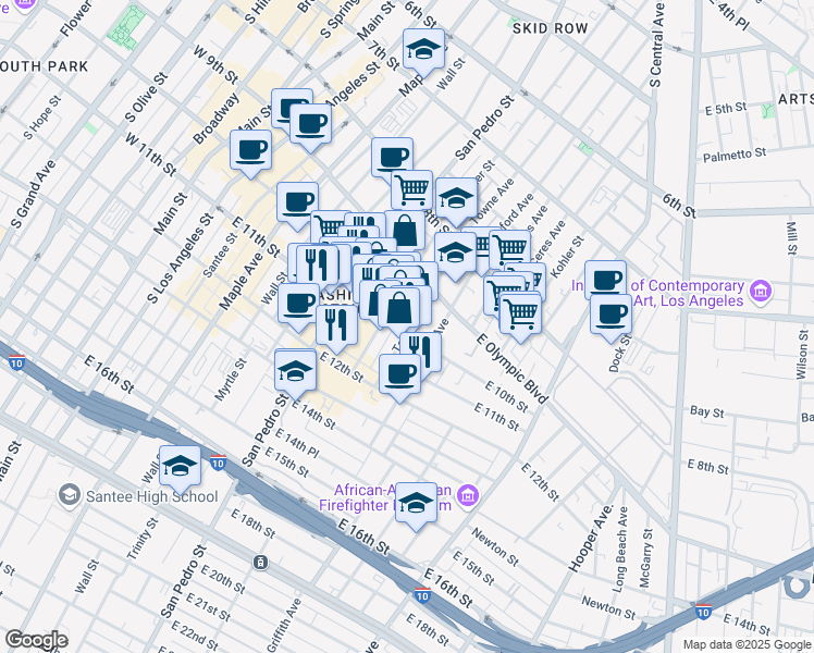 map of restaurants, bars, coffee shops, grocery stores, and more near 961 Towne Avenue in Los Angeles