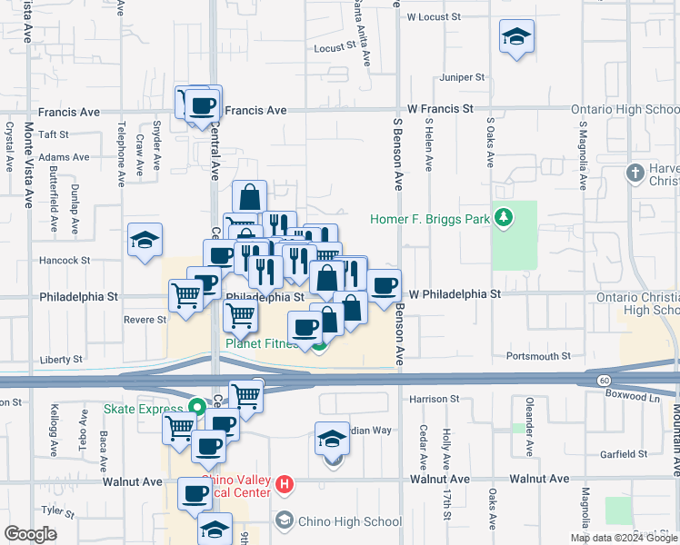 map of restaurants, bars, coffee shops, grocery stores, and more near 5562 Philadelphia Street in Chino