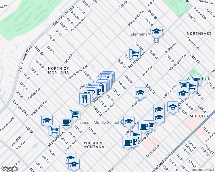 map of restaurants, bars, coffee shops, grocery stores, and more near 739 17th Street in Santa Monica