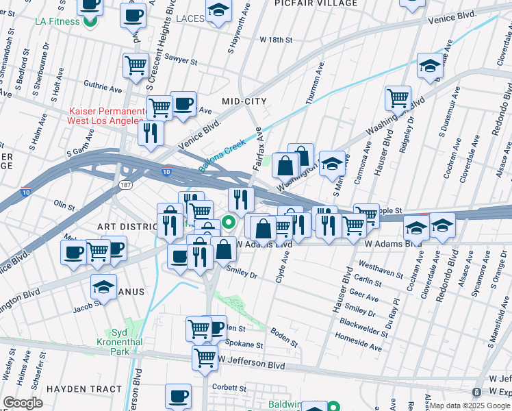map of restaurants, bars, coffee shops, grocery stores, and more near in Culver City