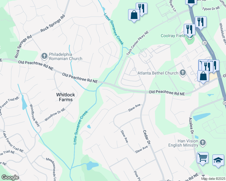 map of restaurants, bars, coffee shops, grocery stores, and more near 2406 Suwanee Pointe Drive in Lawrenceville