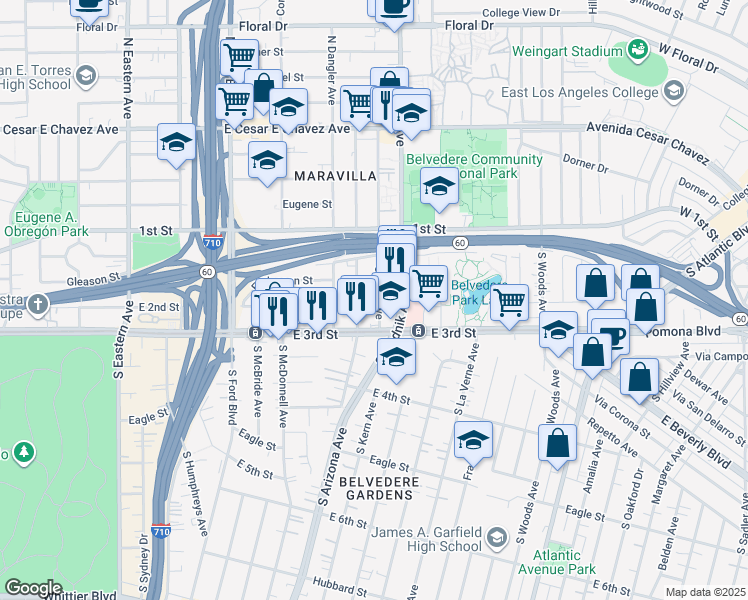 map of restaurants, bars, coffee shops, grocery stores, and more near 225 South Kern Avenue in East Los Angeles