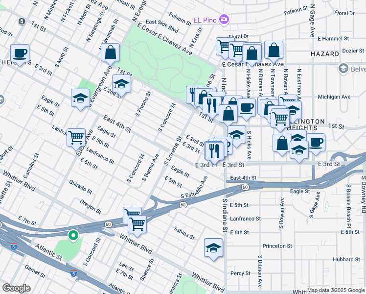map of restaurants, bars, coffee shops, grocery stores, and more near 3422 East 2nd Street in Los Angeles