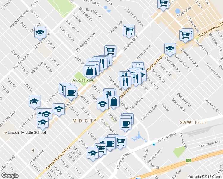 map of restaurants, bars, coffee shops, grocery stores, and more near 1317 26th Street in Santa Monica