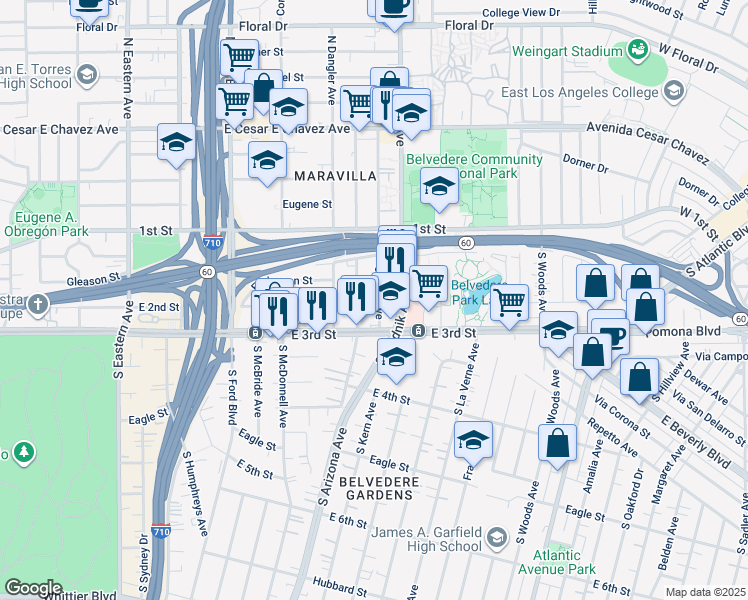 map of restaurants, bars, coffee shops, grocery stores, and more near 225 South Kern Avenue in East Los Angeles