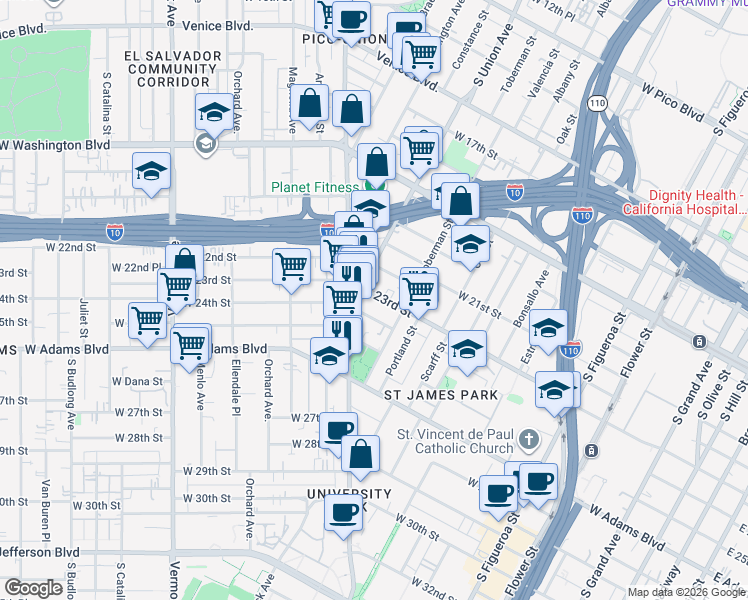 map of restaurants, bars, coffee shops, grocery stores, and more near 1039 West 23rd Street in Los Angeles