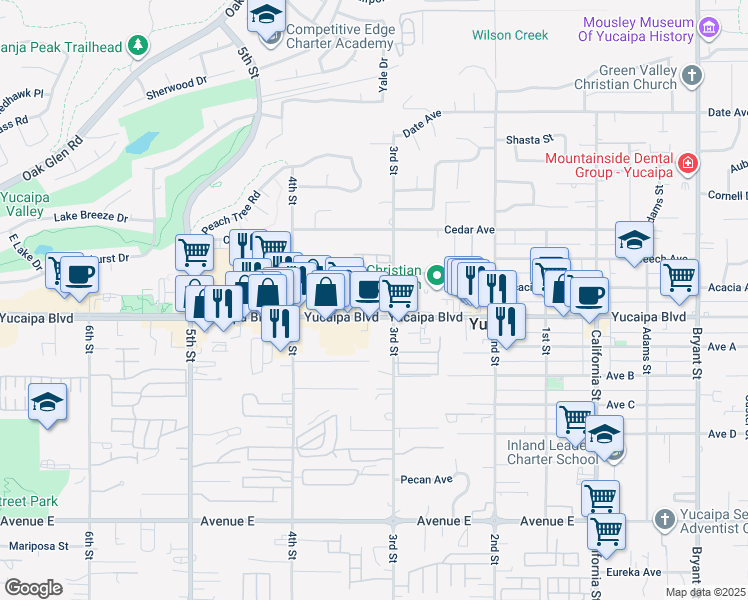 map of restaurants, bars, coffee shops, grocery stores, and more near 12036 3rd Street in Yucaipa
