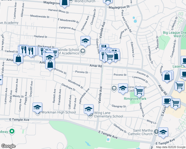 map of restaurants, bars, coffee shops, grocery stores, and more near 16510 Pocono Street in La Puente