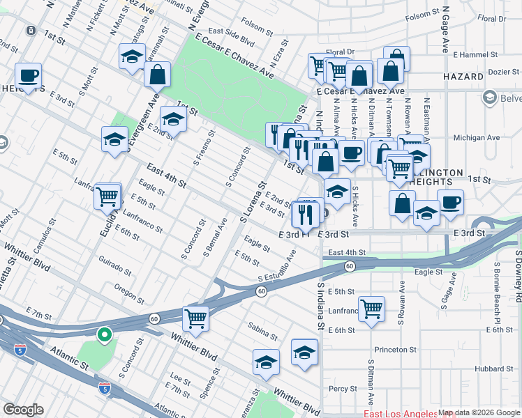 map of restaurants, bars, coffee shops, grocery stores, and more near 3412 East 3rd Street in Los Angeles
