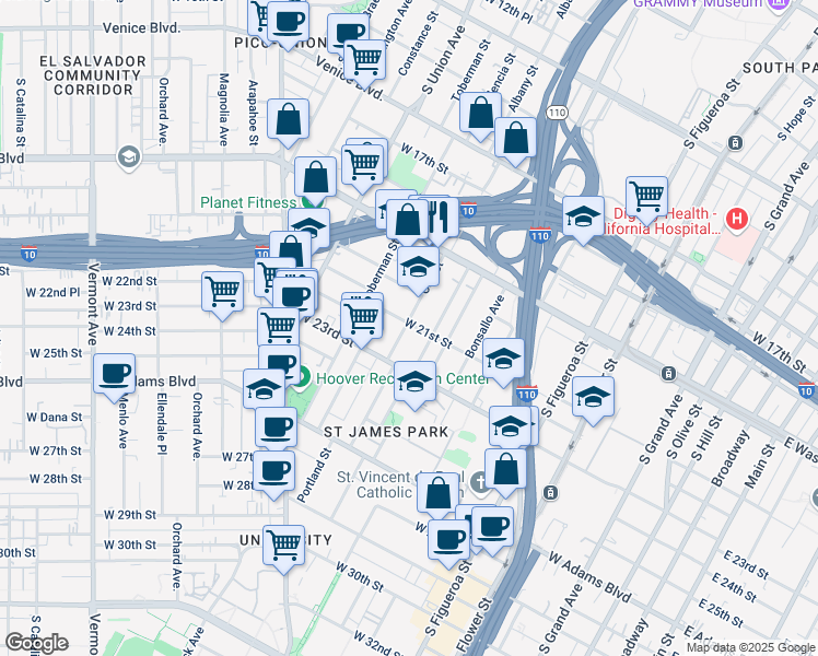 map of restaurants, bars, coffee shops, grocery stores, and more near 907 West 21st Street in Los Angeles