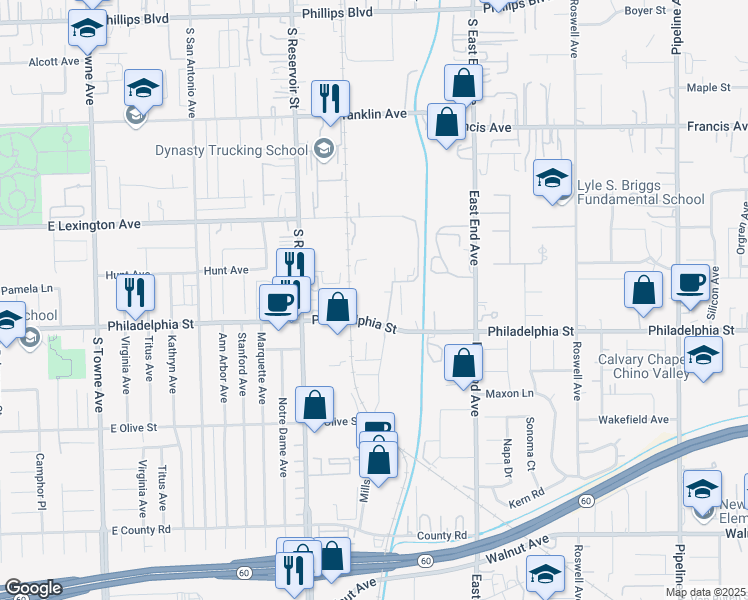 map of restaurants, bars, coffee shops, grocery stores, and more near 1335 Philadelphia Street in Pomona