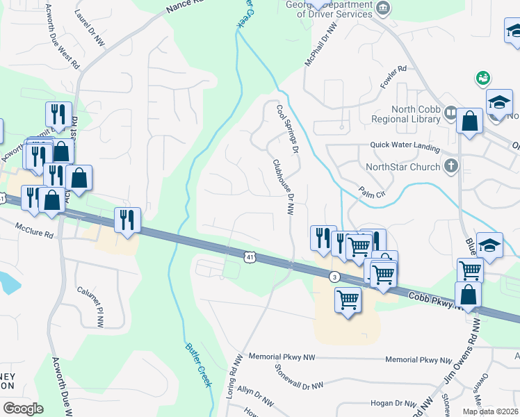 map of restaurants, bars, coffee shops, grocery stores, and more near 121 Park Forest Drive Northwest in Kennesaw