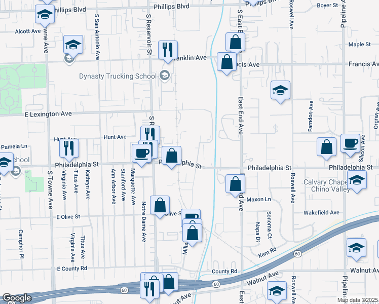 map of restaurants, bars, coffee shops, grocery stores, and more near 1353 Philadelphia Street in Pomona