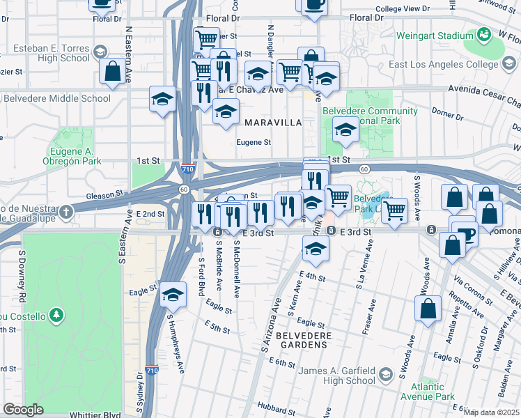 map of restaurants, bars, coffee shops, grocery stores, and more near 4642 East Gleason Street in East Los Angeles