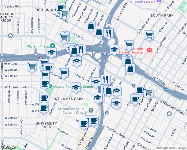 map of restaurants, bars, coffee shops, grocery stores, and more near 1934 Park Grove Avenue in Los Angeles