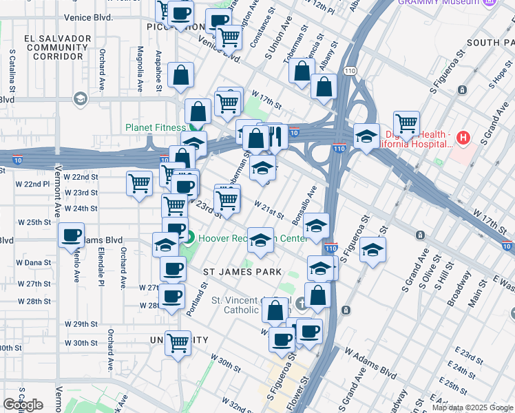 map of restaurants, bars, coffee shops, grocery stores, and more near 907 West 21st Street in Los Angeles