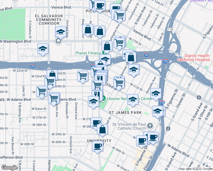 map of restaurants, bars, coffee shops, grocery stores, and more near 1039 West 23rd Street in Los Angeles