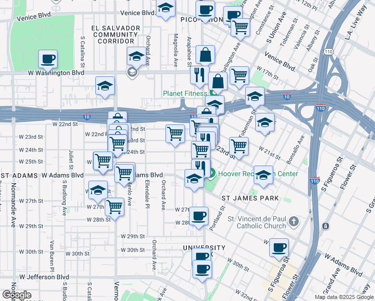map of restaurants, bars, coffee shops, grocery stores, and more near 1258 West 23rd Street in Los Angeles