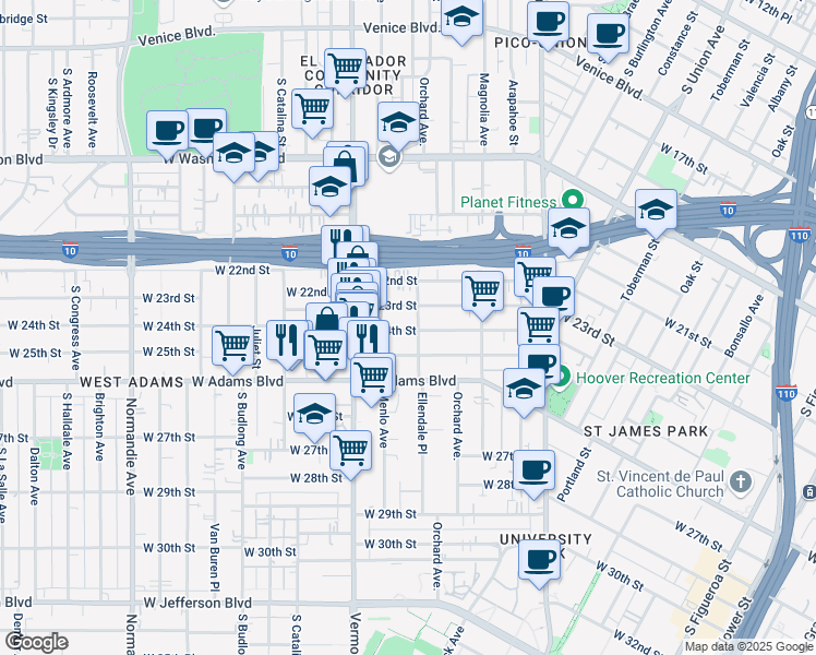 map of restaurants, bars, coffee shops, grocery stores, and more near 1430 West 23rd Street in Los Angeles