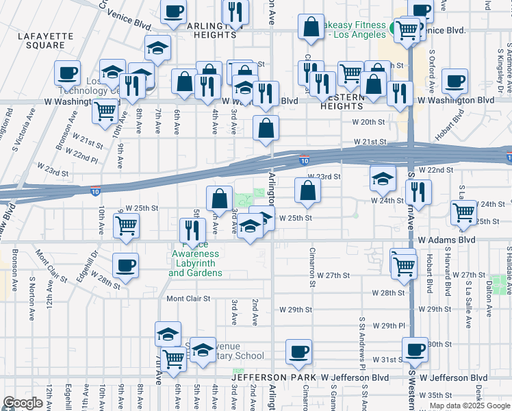 map of restaurants, bars, coffee shops, grocery stores, and more near 23391/2 2nd Avenue in Los Angeles