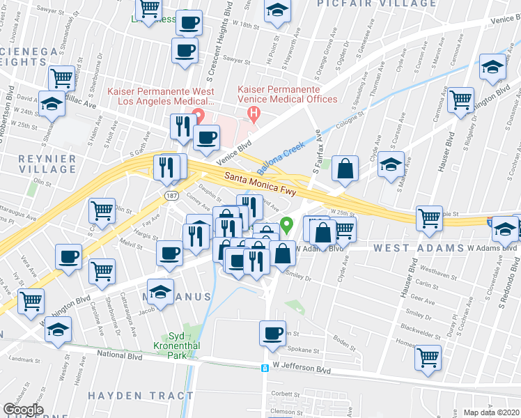 map of restaurants, bars, coffee shops, grocery stores, and more near 5858 David Avenue in Los Angeles