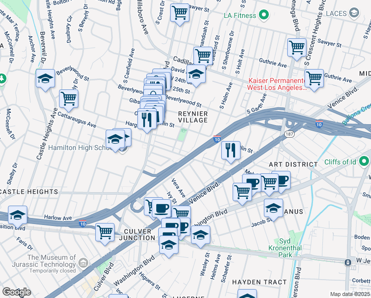map of restaurants, bars, coffee shops, grocery stores, and more near 2828 Reynier Avenue in Los Angeles